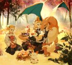  2boys blonde_hair blue_eyes campfire cape charizard claws closed_mouth creature crossover fennekin fire flareon fyfyluker holding jacket japanese_clothes kimetsu_no_yaiba litten long_hair long_sleeves male_focus multicolored_eyes multicolored_hair multiple_boys multiple_tails open_mouth outdoors pokemon pokemon_(creature) power_connection red_eyes red_hair rengoku_kyoujurou rengoku_senjurou scorbunny smile tail tail-tip_fire torchic two-tone_hair vulpix wings yellow_eyes 