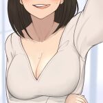  1girl :q arm_up blush breast_hold breasts brown_hair cleavage commentary ganbare_douki-chan head_out_of_frame kouhai-chan_(douki-chan) large_breasts lazycoffee_(wyen_iscordo) long_hair long_sleeves mole mole_on_breast mole_under_eye open_mouth selfie solo sweater teeth tongue tongue_out upper_body upper_teeth white_sweater 