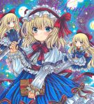  1girl :o alice_margatroid apron back_bow blonde_hair blue_background blue_eyes blue_skirt blush book bow bowtie capelet closed_mouth cowboy_shot eyebrows_visible_through_hair frilled_apron frilled_capelet frilled_hairband frilled_shirt frilled_skirt frills hair_bow hair_ribbon hairband holding holding_book hourai_doll jewelry long_hair long_sleeves looking_at_viewer marker_(medium) medium_hair open_mouth puppet puppet_rings puppet_strings red_bow red_bowtie red_hairband red_ribbon ribbon ring rui_(sugar3) sample shanghai_doll shirt skirt smile touhou traditional_media very_long_hair waist_apron white_apron white_capelet white_shirt 