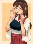  1girl akagi_(kancolle) akanbe banned_artist border brown_eyes brown_hair hakama hakama_skirt japanese_clothes kantai_collection long_hair looking_at_viewer makio_(makiomeigenbot) muneate red-framed_eyewear red_hakama skirt solo straight_hair tasuki tongue tongue_out two-tone_background yellow_background 