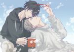  2boys :d absurdres black_hair black_hoodie blue_background brown_hair contemporary cup eyewear_removed highres hood hood_down hoodie ishikawa_takuboku jiao kindaichi_kyousuke kitsutsuki_tanteidokoro long_sleeves male_focus mug multiple_boys outdoors red-framed_eyewear shirt short_hair simple_background sitting smile sweatshirt white_shirt yaoi 