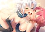  2girls ass asymmetrical_docking blush bottomless breast_press breasts collarbone detached_sleeves eiyuu_densetsu eye_contact fie_claussell fingering fingerless_gloves french_kiss gloves green_eyes kiss kneeling large_breasts leaning_back leaning_on_person long_hair looking_at_another multiple_girls nipples nnyara one_eye_closed partially_undressed ponytail pussy_juice red_hair saliva sara_valestein scarf sen_no_kiseki sen_no_kiseki_iii sitting small_breasts sweat thighhighs tongue twitter_username white_hair yellow_eyes yuri 