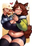  1girl :3 animal_ear_fluff animal_ears breasts brown_hair collar commentary commission dog_ears dog_girl dog_tail eating english_commentary food glasses green_nails heart highres huge_breasts indie_virtual_youtuber long_sleeves midriff mint_castella navel pizza pizza_slice plump red-framed_eyewear semi-rimless_eyewear short_shorts shorts smile tail thick_thighs thighhighs thighs virtual_youtuber zako_(arvinry) 