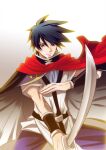  1boy beet_the_vandel_buster belt black_hair bracer brown_eyes cape gradient gradient_background hand_up highres holding holding_sword holding_weapon kaorukan looking_at_viewer male_focus red_cape short_hair simple_background solo spiked_hair sword weapon zenon_(beet_the_vandel_buster) 
