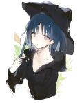  1girl black_hoodie black_umbrella blue_hair collarbone grey_eyes holding holding_umbrella hood hoodie looking_at_viewer lpip original parted_lips short_hair solo symbol-only_commentary umbrella upper_body white_background 