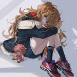  1girl blue_eyes doll hairpods highres jacket kanose knees_up long_hair looking_to_the_side nail_polish neon_genesis_evangelion orange_hair shoes sitting sneakers socks solo souryuu_asuka_langley tsundere white_background 