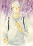  1boy amber_t backpack bag bangs chinese_commentary cigarette closed_mouth collared_shirt cowboy_shot facing_viewer ginko green_eyes hair_over_one_eye hand_in_pocket hand_up highres holding holding_cigarette leaf long_sleeves looking_to_the_side male_focus mushi_(mushishi) mushishi one_eye_covered painting_(medium) plant popped_collar shirt sideways_glance smoking solo standing traditional_media watercolor_(medium) white_background white_hair white_shirt 