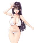  1girl :d absurdres arm_up bangs bare_legs bikini black_hair breasts cleavage collarbone eyebrows_visible_through_hair highres large_breasts legs_together looking_at_viewer marui_koishi navel open_mouth original purple_eyes smile solo standing swimsuit thigh_gap thighhighs waving white_background white_bikini 