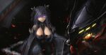  1girl absurdres august_von_parseval_(azur_lane) azur_lane bare_shoulders black_dress breasts cleavage cleavage_cutout clothing_cutout cross curled_horns dress fish_g glowing glowing_eyes hair_over_one_eye highres horns iron_cross large_breasts long_hair looking_at_viewer mechanical_dragon mechanical_horns microdress one_eye_covered purple_eyes purple_hair solo very_long_hair wide_sleeves 