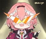  1girl cape choker commentary fingerless_gloves gloves hairband head_wings hololive index_finger_raised kamina_shades kukie-nyan pink_hair spotlight symbol-only_commentary takane_lui twitter_username virtual_youtuber 