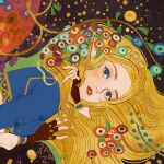  1girl blonde_hair blue_eyes blush fine_art_parody fingerless_gloves flower gloves gustav_klimt_(style) hair_spread_out lips long_hair looking_up lying on_stomach parody parted_lips pau pointy_ears princess_zelda shirt solo the_legend_of_zelda the_legend_of_zelda:_breath_of_the_wild 