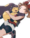  1girl bangs bare_arms bike_shorts bike_shorts_under_shorts blush brown_hair closed_mouth donguri_big eyelashes grey_shorts highres holding holding_pokemon hug leg_up mawile may_(pokemon) pokemon pokemon_(creature) pokemon_(game) pokemon_oras red_shirt shirt shoes shorts simple_background sleeveless sleeveless_shirt smile split_mouth symbol-only_commentary white_background 