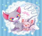  :3 blue_eyes blush closed_eyes closed_mouth colored_sclera glameow highres holding lying minccino no_humans on_stomach open_mouth pokemon pokemon_(creature) shii_(no-va_could) sitting smile sparkle toes tongue yellow_sclera 