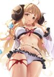  1girl ahoge anila_(granblue_fantasy) arm_behind_back bangs bikini black_bow blonde_hair bow bow_bikini breasts chiro_(norishiro_michiro) commentary_request curled_horns draph frilled_bikini frills front-tie_bikini front-tie_top granblue_fantasy hand_up highres horns large_breasts long_hair looking_at_viewer navel open_mouth red_bow red_ribbon ribbon ribbon-trimmed_bikini sheep_horns short_eyebrows simple_background solo standing swimsuit thick_eyebrows white_background white_bikini yellow_eyes 