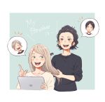  2girls :d apple_inc. bangs_pinned_back beige_shirt black_hair black_shirt blonde_hair blue_eyes border comb combing commentary_request english_text grin haiba_arisa haiba_lev haikyuu!! holding holding_comb holding_tablet_pc index_finger_raised kageyama_miwa kageyama_tobio laugh_111 long_hair multiple_girls shirt smile spoken_character tablet_pc teeth white_border 