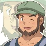  1boy ;d blush brown_eyes brown_hair collarbone commentary_request green_headwear hat looking_at_viewer male_focus meyer_(pokemon) one_eye_closed open_mouth pokemon pokemon_(anime) pokemon_xy_(anime) shigure_(ojshigu) shirt short_hair smile suspenders tongue upper_body zoom_layer 