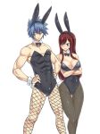  1boy 1girl animal_ears blue_eyes blue_hair bow bowtie breasts brown_eyes covered_navel crossed_arms detached_collar erza_scarlet facial_tattoo fairy_tail fake_animal_ears fake_tail fishnet_legwear fishnets hair_between_eyes hands_on_hips headband highres jellal_fernandes large_breasts leotard long_hair looking_at_another looking_at_viewer male_playboy_bunny mashima_hiro pantyhose playboy_bunny rabbit_ears rabbit_tail red_hair simple_background strapless strapless_leotard sweatdrop tail tattoo white_background wrist_cuffs 