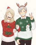  1boy 1girl antlers arm_hug black_pants blonde_hair brother_and_sister christmas christmas_sweater commentary_request dated facing_viewer fur-trimmed_headwear green_eyes grey_hair grin haiba_arisa haiba_lev haikyuu!! hat laugh_111 looking_at_viewer pants reindeer_antlers santa_hat siblings skirt sleeves_past_wrists smile teeth v 