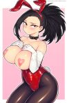  1girl animal_ears black_eyes black_hair blush boku_no_hero_academia breast_cutout breast_squeeze breasts breasts_outside cleavage closed_mouth collar commentary_request covered_nipples elbow_gloves fake_animal_ears fake_tail frown gloves hands_on_own_breasts heart_pasties highleg highleg_leotard kneeling large_breasts leotard looking_at_viewer medium_hair meme_attire pantyhose pasties playboy_bunny rabbit_ears rabbit_tail red_leotard reverse_bunnysuit reverse_outfit shioboi solo strapless strapless_leotard tail upper_body yaoyorozu_momo 