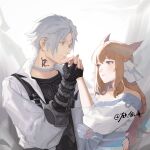  1boy 1girl absurdres animal_ears avatar_(ffxiv) black_gloves black_shirt brown_hair cat_ears closed_mouth commentary commission dress final_fantasy final_fantasy_xiv fingerless_gloves gloves hair_ribbon hand_on_another&#039;s_waist hetero highres holding_hands jacket long_hair looking_at_another miqo&#039;te neck_tattoo off-shoulder_dress off_shoulder parted_lips purple_eyes ribbon rocher-hd shirt short_hair signature slit_pupils tattoo thancred_waters white_dress white_hair white_jacket white_ribbon 