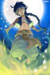 1boy 2r-_(pixiv8168114) aladdin_(magi) arms_at_sides baggy_pants blue_eyes blue_hair braid chest_sarashi clothes_around_waist cropped_shirt floating full_moon highres jacket jacket_around_waist long_hair magi_the_labyrinth_of_magic male_focus moon navel open_clothes open_shirt pants sarashi single_braid skinny sleeveless solo sparkling_eyes stomach 