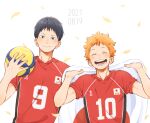  2021 2boys ball black_hair blue_eyes closed_mouth commentary_request dated facing_viewer feathers flag haikyuu!! hinata_shouyou holding holding_ball holding_flag kageyama_tobio laugh_111 looking_at_viewer male_focus multiple_boys open_mouth orange_hair short_hair smile sportswear teeth volleyball volleyball_uniform 