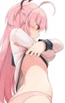  1girl ahoge angel_beats! back crossed_arms eyebrows_visible_through_hair hair_ribbon hiroki_(yyqw7151) lifted_by_self long_hair looking_down panties pink_eyes pink_hair ribbon shinda_sekai_sensen_uniform short_twintails solo twintails underwear undressing white_background yui_(angel_beats!) 