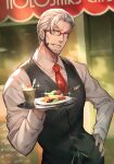  1boy arurandeisu beard black_vest chalkboard_sign dress_shirt facial_hair fingernails food fruit glasses grey_hair grin hair_slicked_back hand_on_hip hand_up highres holding holding_tray holostars lack long_sleeves looking_at_viewer male_focus necktie parted_lips plate red-framed_eyewear red_necktie semi-rimless_eyewear shirt sideways_glance smile solo sparkle strawberry tray v-shaped_eyebrows vest white_shirt 