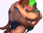  2boys anal bara black_hair blush bottomless censored cheek-to-cheek clothed_sex couple crow_(siranui) cum cum_while_penetrated dark-skinned_male dark_skin ejaculation erection facial_hair from_above full_body goatee green_hair green_kimono heads_together highres hug japanese_clothes kimono male_focus master_3_(housamo) mosaic_censoring multicolored_hair multiple_boys muscular muscular_male naked_kimono open_clothes open_kimono penis see-through_silhouette sex short_hair short_kimono sideburns taurus_mask thighs tokyo_afterschool_summoners torogao two-tone_hair white_background yaoi 