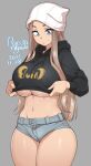  1girl agawa_ryou artist_name beanie black_hoodie blue_eyes breasts closed_mouth commentary cowboy_shot crop_top dated denim denim_shorts english_commentary grey_background groin hat hood hood_down hoodie hoodie_pull huge_breasts inconvenient_breasts light_brown_hair linea_alba long_hair long_sleeves looking_down navel numbered original short_eyebrows short_shorts shorts sidelocks simple_background skindentation solo sweatdrop thick_thighs thighs underboob v-shaped_eyebrows very_long_hair white_headwear 