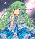  1girl :o blue_ribbon blue_skirt blush breasts cowboy_shot detached_sleeves eyebrows_visible_through_hair frilled_hair_tubes frilled_skirt frilled_sleeves frills frog_hair_ornament green_eyes green_hair hair_ornament hair_tubes hand_in_hair kochiya_sanae long_hair looking_at_viewer marker_(medium) neck_ribbon open_mouth purple_background purple_ribbon ribbon ribbon-trimmed_sleeves ribbon_trim rui_(sugar3) sample shirt skirt sleeve_ribbon sleeveless sleeveless_shirt small_breasts solo touhou traditional_media very_long_hair white_shirt wide_sleeves 