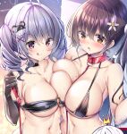  2girls :q ahoge asymmetrical_docking bikini black_bikini blush breast_press breasts brown_eyes brown_hair comic_cune commentary_request drill_hair flower hair_between_eyes hair_flower hair_ornament kurou_(quadruple_zero) large_breasts leash looking_at_viewer mole mole_on_breast multiple_girls navel ninose_shizuku o-ring o-ring_bikini o-ring_top pink_eyes red_eyes shirakawa_kokona short_hair silver_hair sweat swimsuit tongue tongue_out twin_drills upper_body watashi_no_tame_ni_nuginasai! x_hair_ornament 