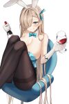  1girl absurdres alcohol animal_ears asuna_(blue_archive) bangs black_legwear blue_archive blue_bow blue_bowtie blue_leotard blush bottle bow bowtie breasts chair churi_(oxxchurixxo) cleavage commentary cup detached_collar elbow_gloves fake_animal_ears feet_out_of_frame gloves grey_eyes grin hair_flowing_over hair_over_one_eye hairband highres knees_up large_breasts leotard light_brown_hair long_hair looking_at_viewer mole mole_on_breast one_eye_covered pantyhose parted_lips rabbit_ears simple_background sitting smile solo thighs white_background white_gloves white_hairband wine wine_bottle 