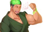  1boy :d ^_^ bara biceps black_hair blush closed_eyes crow_(siranui) dark-skinned_male dark_skin facial_hair flexing goatee green_hair green_kimono highres japanese_clothes kimono large_pectorals male_focus multicolored_hair muscular muscular_male pectoral_cleavage pectorals pose short_hair sideburns smile solo taurus_mask tied_sleeves tokyo_afterschool_summoners translated two-tone_hair upper_body 