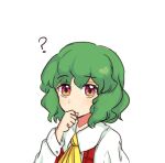  1girl ? ascot bad_id bad_twitter_id chin_stroking collared_shirt eyebrows_visible_through_hair face green_hair hand_on_own_chin kazami_yuuka kotdesu long_sleeves lowres plaid plaid_vest red_eyes red_vest shirt short_hair simple_background thinking touhou vest white_background white_shirt yellow_ascot 