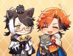  2boys :d ahoge animal animal_ear_fluff animal_ears bangs black_gloves black_hair blush cat closed_eyes creature_on_head eyebrows_behind_hair fang folding_fan fur_trim glasses gloves hair_intakes hand_fan highres holding holding_animal holding_fan holostars hood hood_down japanese_clothes kageyama_shien kimono long_sleeves looking_at_animal low_ponytail mole mole_under_eye multicolored_hair multiple_boys mutou_(muto_muto25) necktie open_mouth orange_hair seigaiha short_ponytail skin_fang smile two-tone_hair virtual_youtuber white_hair white_necktie yellow_eyes yukoku_roberu 