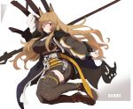  1girl animal_ears arknights asumi_maboroshi axe breasts brown_hair ceobe_(arknights) character_name coat commentary_request dog_ears highres large_breasts long_hair red_eyes smile thighhighs weapon weapon_on_back 