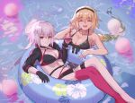  2girls absurdres ahoge bangs bare_shoulders bikini black_bikini black_choker black_gloves blonde_hair blue_eyes breasts choker collarbone fate/grand_order fate_(series) gloves high_ponytail highres innertube jeanne_d&#039;arc_(alter_swimsuit_berserker)_(fate) jeanne_d&#039;arc_(fate) jeanne_d&#039;arc_(swimsuit_archer)_(fate) large_breasts long_hair motukan multiple_girls o-ring o-ring_bikini o-ring_bottom one-piece_swimsuit red_legwear sideboob silver_hair single_glove single_thighhigh swimsuit thigh_strap thighhighs very_long_hair 