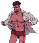  1boy abs bare_pectorals beard boxer_briefs brown_hair bulge closed_eyes collared_shirt dark-skinned_male dark_skin facial_hair highres large_pectorals male_focus male_underwear muscular muscular_male mustache navel nez nipples overwatch pectorals reaper_(overwatch) red_male_underwear scar scar_on_cheek scar_on_face shirt short_hair solo thighs underwear white_background white_shirt 