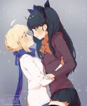  2girls ahoge artist_name artoria_pendragon_(fate) black_hair black_legwear black_skirt blonde_hair blue_eyes blue_ribbon blue_scarf blush buttons commentary english_commentary eye_contact eyebrows_visible_through_hair face-to-face fate/stay_night fate_(series) from_side green_eyes grey_background grin hair_bun hair_ribbon hands_on_another&#039;s_back highres long_sleeves looking_at_another multiple_girls patreon_username pleated_skirt ribbon roarke_(lavenderincubus) saber scarf skirt smile snowing thighhighs tohsaka_rin twintails web_address yuri 