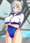  1girl blue_eyes blue_sailor_collar blue_swimsuit blush breasts clothing_cutout commentary_request competition_swimsuit crossed_arms dated dated_commentary eyebrows_visible_through_hair eyes_visible_through_hair hair_ornament hairclip hamakaze_(kancolle) highres kantai_collection large_breasts looking_at_viewer montemasa one-piece_swimsuit open_mouth rei_no_pool sailor_collar school_uniform serafuku short_hair silver_hair swimsuit swimsuit_under_clothes twitter_username 