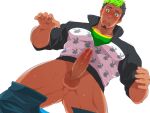  1boy ass_visible_through_thighs bara black_hair blush censored clothes_pull crow_(siranui) dark-skinned_male dark_skin embarrassed erection facial_hair from_below goatee green_hair jacket large_pectorals looking_at_viewer male_focus minotaur_print mosaic_censoring multicolored_hair muscular muscular_male no_male_underwear pants pants_pull partially_unzipped pectorals precum print_jacket short_hair sideburns solo taurus_mask thick_thighs thighs tokyo_afterschool_summoners two-tone_hair white_background 