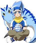  1boy blue_eyes blue_gloves blue_hair blue_headwear dinosaur dinosaur_king egg facial_mark fingerless_gloves gloves looking_at_viewer nopis pants scarf shirt sidelocks simple_background sitting spiked_hair t-shirt tamaki_(tamakimika) white_background yellow_eyes yellow_scarf younger 