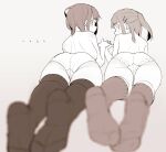 2girls ass bangs blurry blurry_foreground blush closed_mouth commentary_request depth_of_field eyebrows_visible_through_hair feet from_behind full_body hair_ornament hairclip highres holding_hands looking_at_viewer looking_back lying medium_hair monochrome multiple_girls neyuki_rei on_stomach original panties profile sepia short_hair simple_background soles thighhighs topless twintails underwear underwear_only 