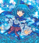  1girl :d blue_background blue_bow blue_dress blue_eyes blue_hair blue_ribbon blue_shirt blue_theme blush bow brooch cirno cowboy_shot detached_wings dress eyebrows_visible_through_hair frilled_bow frilled_dress frills green_brooch hair_between_eyes hair_bow ice ice_wings jewelry juliet_sleeves long_sleeves looking_at_viewer marker_(medium) open_mouth outstretched_arms puffy_sleeves ribbon rui_(sugar3) sample shirt short_hair sleeve_ribbon smile snowflake_background solo touhou traditional_media wings 