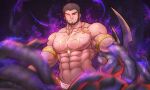  1boy abs armlet avenger_(dungeon_and_fighter) bara beard brown_hair chest_tattoo cross cross_necklace dungeon_and_fighter eye_trail facial_hair glowing glowing_eye gold highres jewelry kulolin large_pectorals loincloth male_focus mature_male monster_boy monsterification muscular muscular_male navel necklace nipples octopus_boy pectorals priest priest_(dungeon_and_fighter) red_eyes reward_available short_hair solo stomach tattoo tentacle_hands tentacles topless_male veins 