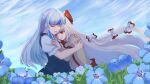  2girls bangs blue_dress blue_flower blue_hair bow chisa_yasunaga closed_eyes dress eyebrows_visible_through_hair field flower flower_field fujiwara_no_mokou grey_hair hair_bow highres hug kamishirasawa_keine long_hair long_sleeves multicolored_hair multiple_bows multiple_girls open_mouth outdoors red_eyes smile streaked_hair suspenders touhou two-tone_hair white_bow white_hair 