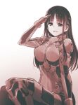  1girl absurdres breasts eyebrows_visible_through_hair hair_behind_ear highres ishiyumi long_hair looking_at_viewer mechanical_buddy_universe medium_breasts monochrome open_mouth pilot_suit salute sitting smile solo 