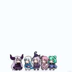  5girls bangs blue_hair blunt_bangs commentary demon_girl double_bun english_commentary fish_tail gawr_gura hair_ornament himemori_luna hololive hololive_english horns la+_darknesss long_hair long_sleeves multicolored_hair multiple_girls murasaki_shion pink_hair purple_hair shark_tail silver_hair simple_background streaked_hair tail torororose trait_connection uruha_rushia virtual_youtuber white_background 