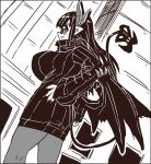  1girl :3 black_hair black_sweater black_tail black_wings breasts building demon_girl demon_tail demon_wings dress fingernails glasses grey_horns greyscale horns huge_breasts long_hair merii_(mazohaha) monochrome musuko_ga_kawaikute_shikatanai_mazoku_no_hahaoya pantyhose sideboob sweater sweater_dress tail wings zyugoya 